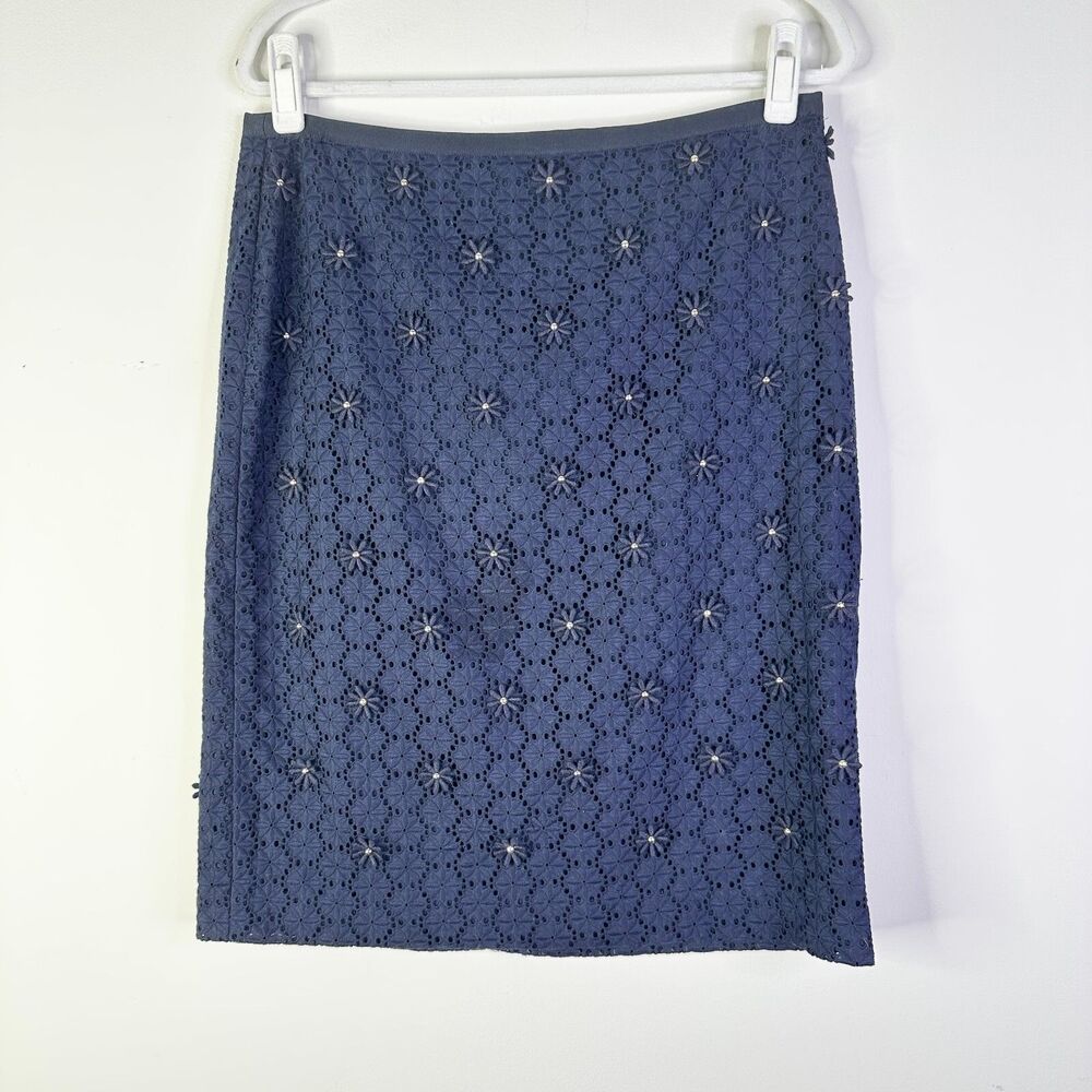 Talbots Skirt Women 12 Navy 100% Cotton Jacquard Embroidery Pencil Classic